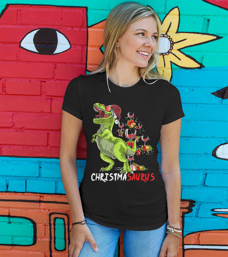 Christmasaurus T-Rex Santa Hat Wine Ornaments T-Shirt