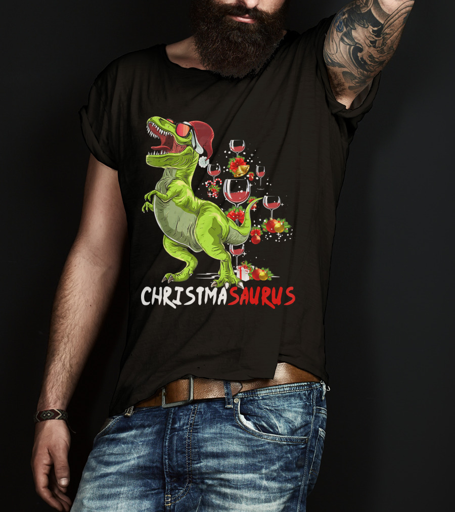 Christmasaurus T-Rex Santa Hat Wine Ornaments T-Shirt