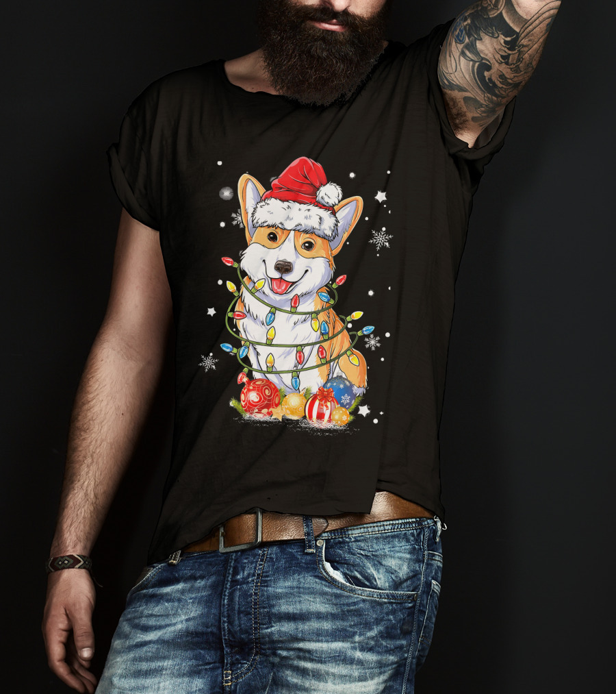 Merry Corgmas Xmas Tree Santa Corgi Wrapped In Christmas Lights And Ornaments T-Shirt