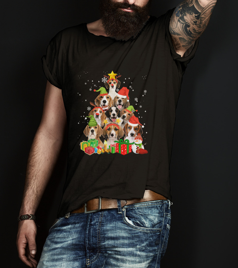 Funny Beagle Christmas Tree Santa Hats Presents Snowman T-Shirt