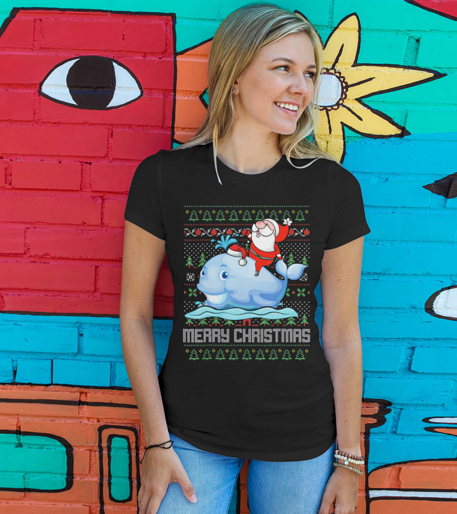 Merry Christmas Funny Santa Claus Riding Whale Holiday T-Shirt