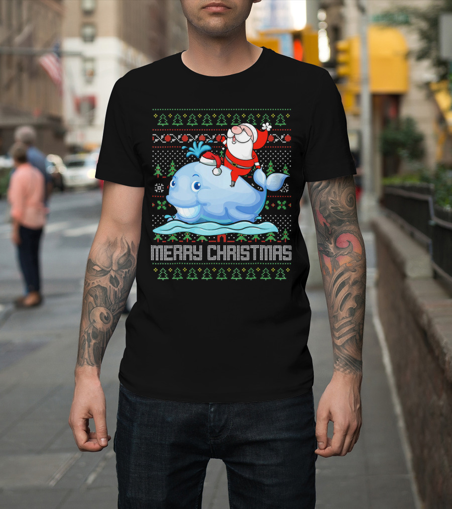 Merry Christmas Funny Santa Claus Riding Whale Holiday T-Shirt
