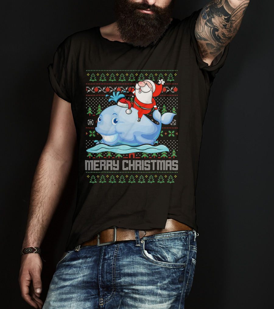 Merry Christmas Funny Santa Claus Riding Whale Holiday T-Shirt