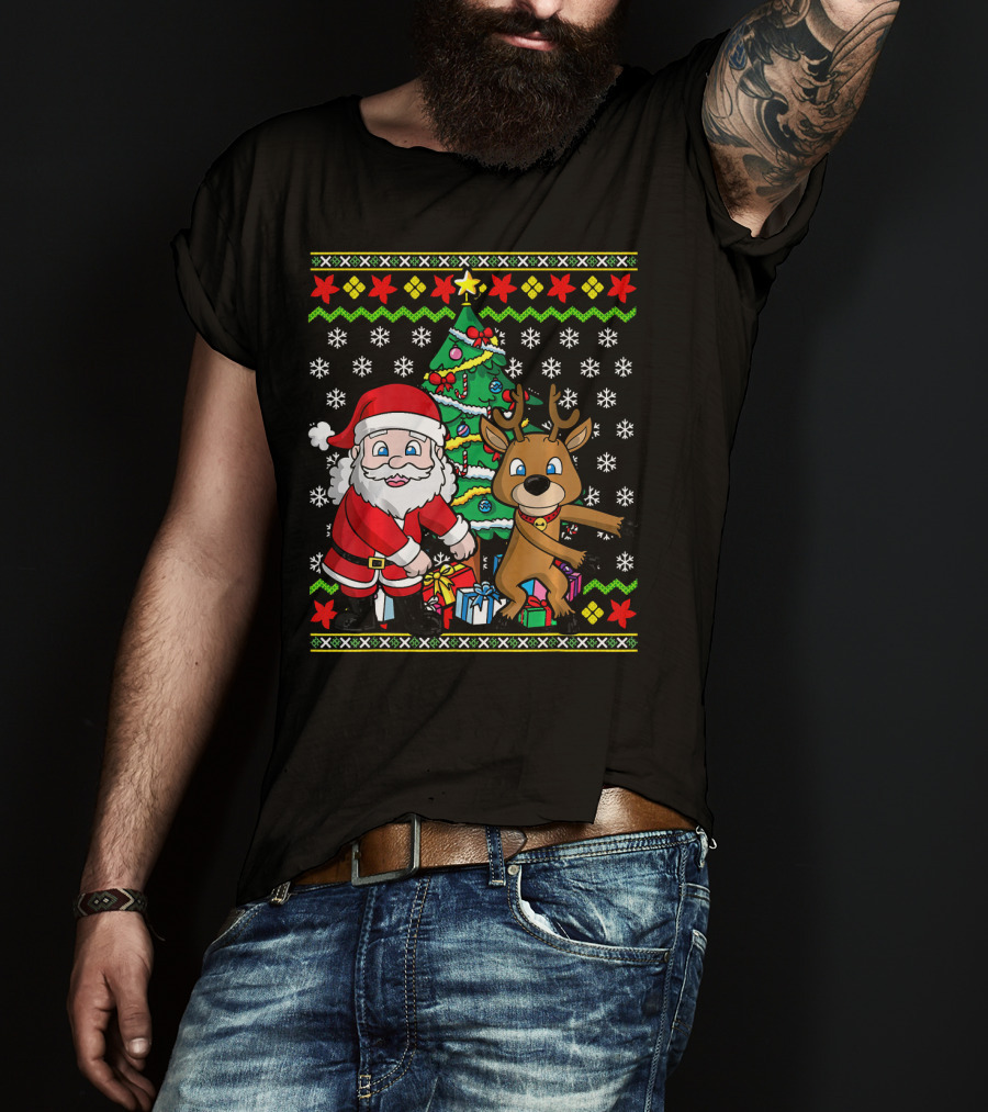 Ugly Christmas Kids Flossing Santa Reindeer Dance With Presents And Tree T-Shirt