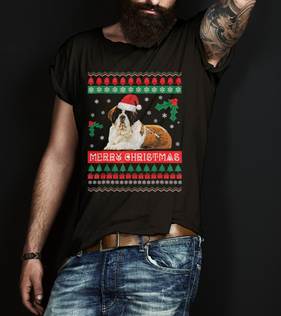 Merry Christmas St Bernard Dog Ugly Sweater Holiday T-Shirt