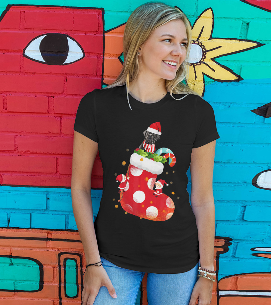 Christmas Cane Corso Dog In Santa Hat With Candy Cane And Stocking T-Shirt