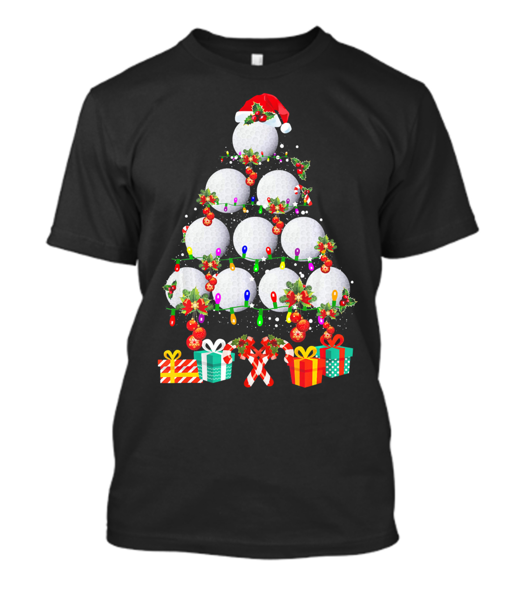 Golf Ball Christmas Tree Santa Hat Holiday Gifts T-Shirt