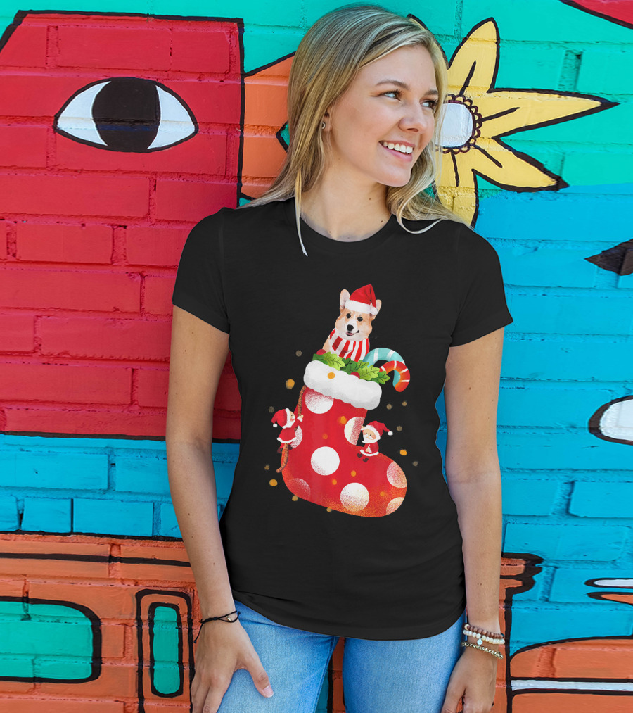 Christmas Corgi Dog In Santa Hat And Striped Scarf In Festive Stocking With Candy Cane T-Shirt