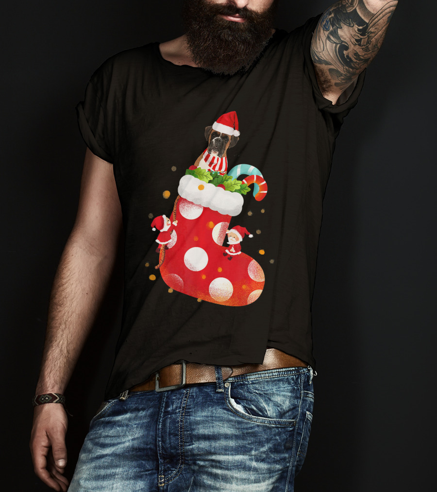 Christmas Boxer Dog Inside Santa Hat Sock With Candy Cane T-Shirt