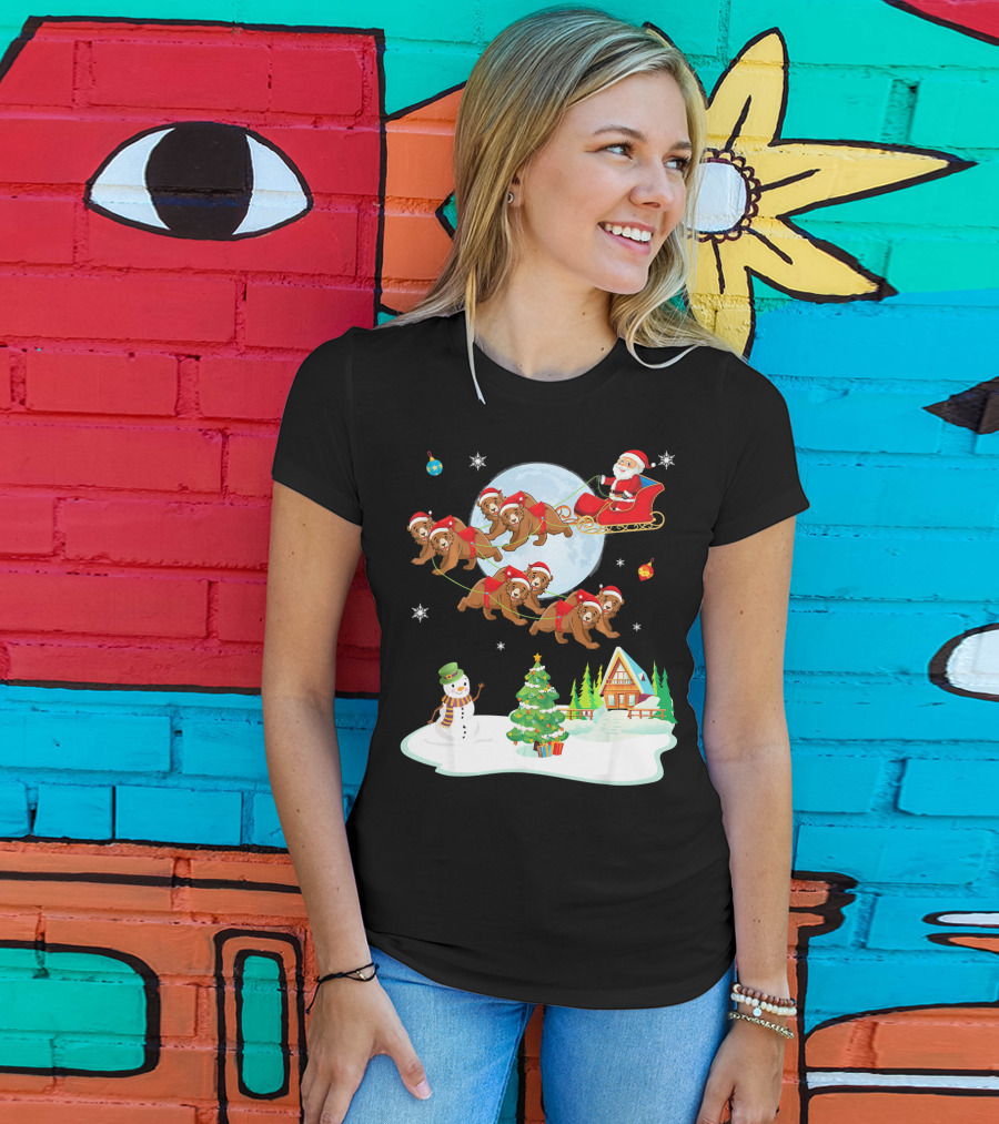 Santa Claus Sleigh With Bears And Snowman By Moonlit Cabin Noel T-Shirt