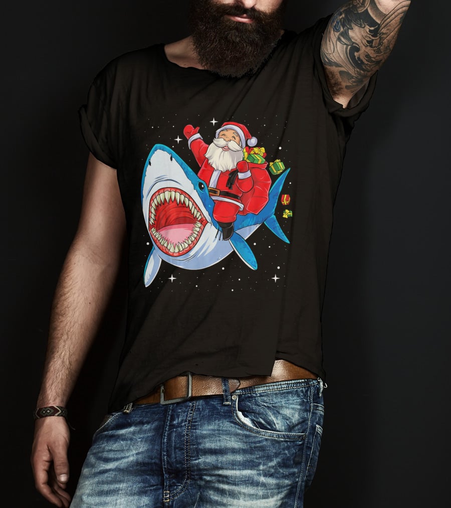 Christmas Kids Santa Riding Shark With Gifts T-Shirt