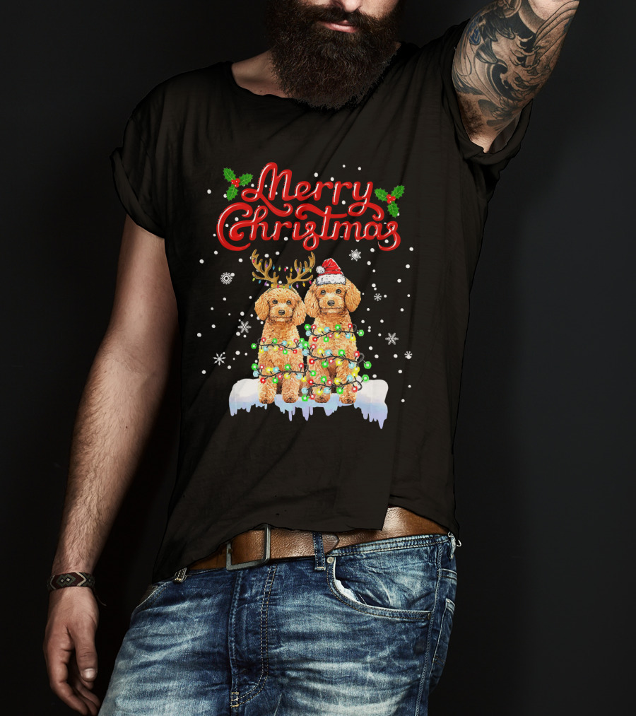 Merry Christmas Poodle Lights Funny Dog Matching T-Shirt
