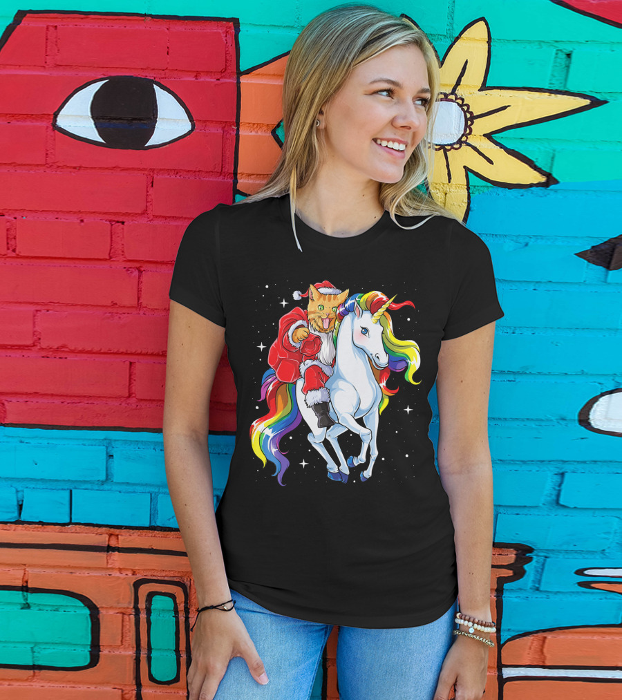Cat Santa Riding Rainbow Unicorn Christmas Girl T-Shirt