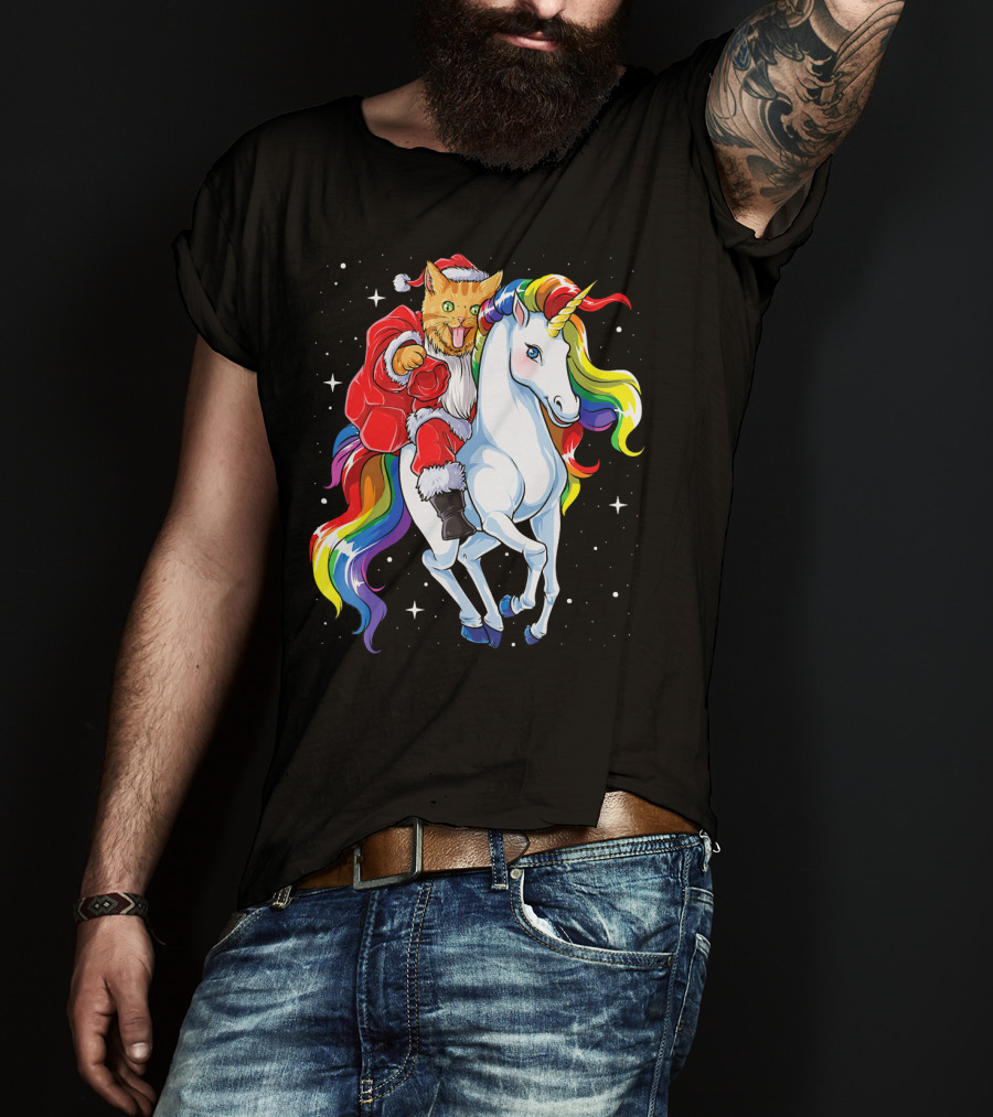 Cat Santa Riding Rainbow Unicorn Christmas Girl T-Shirt