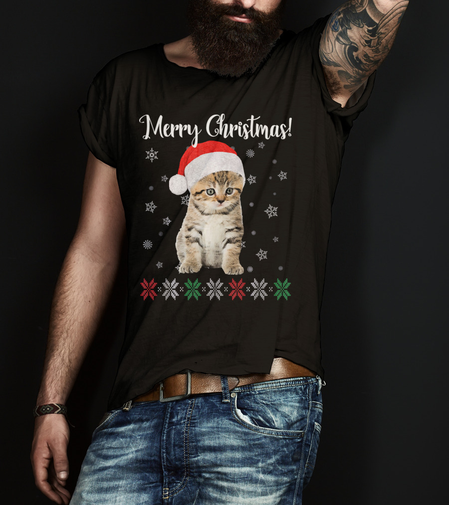 Merry Christmas Cat Wearing Santa Hat With Snowflakes And Festive Stars T-Shirt