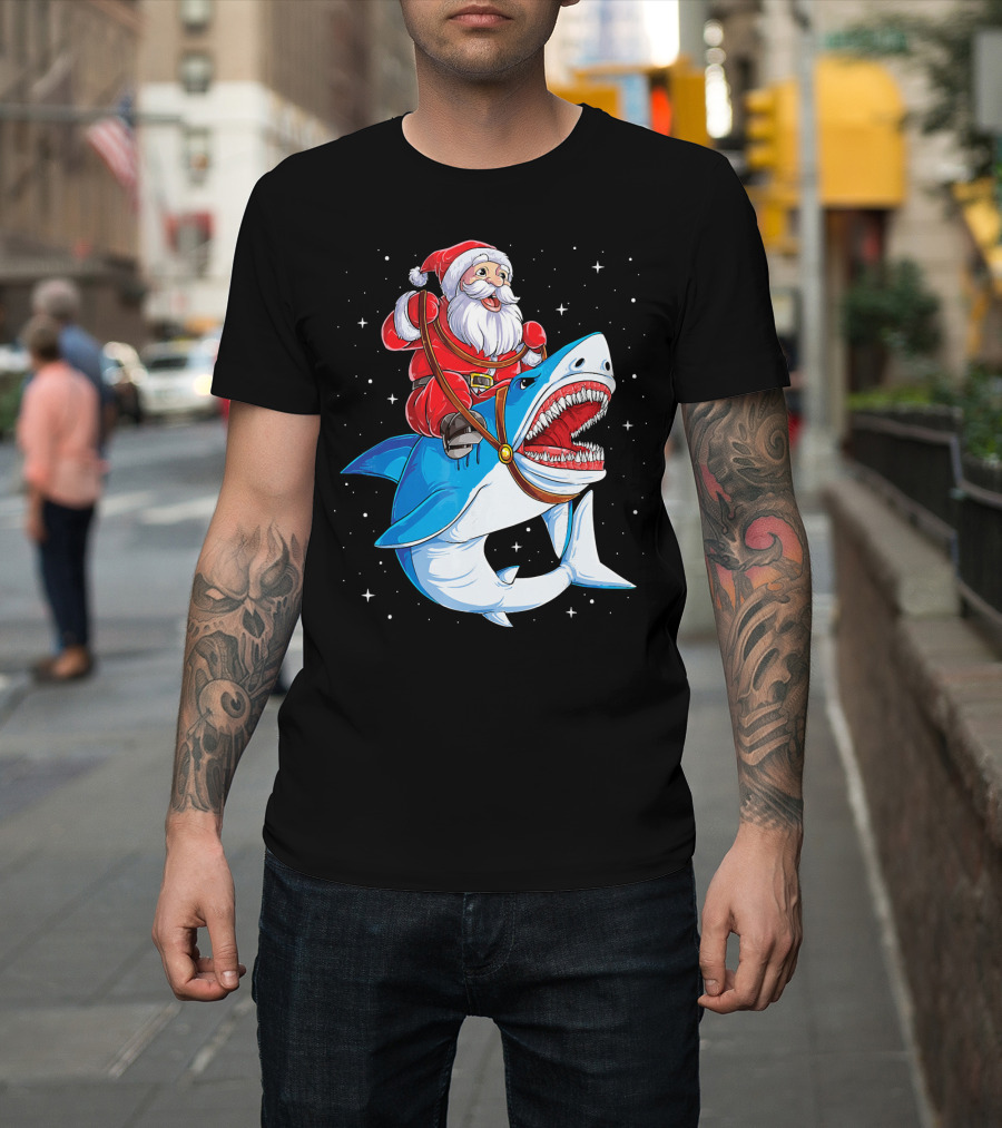 Santa Riding Shark Christmas Boys Santa Shark T-Shirt