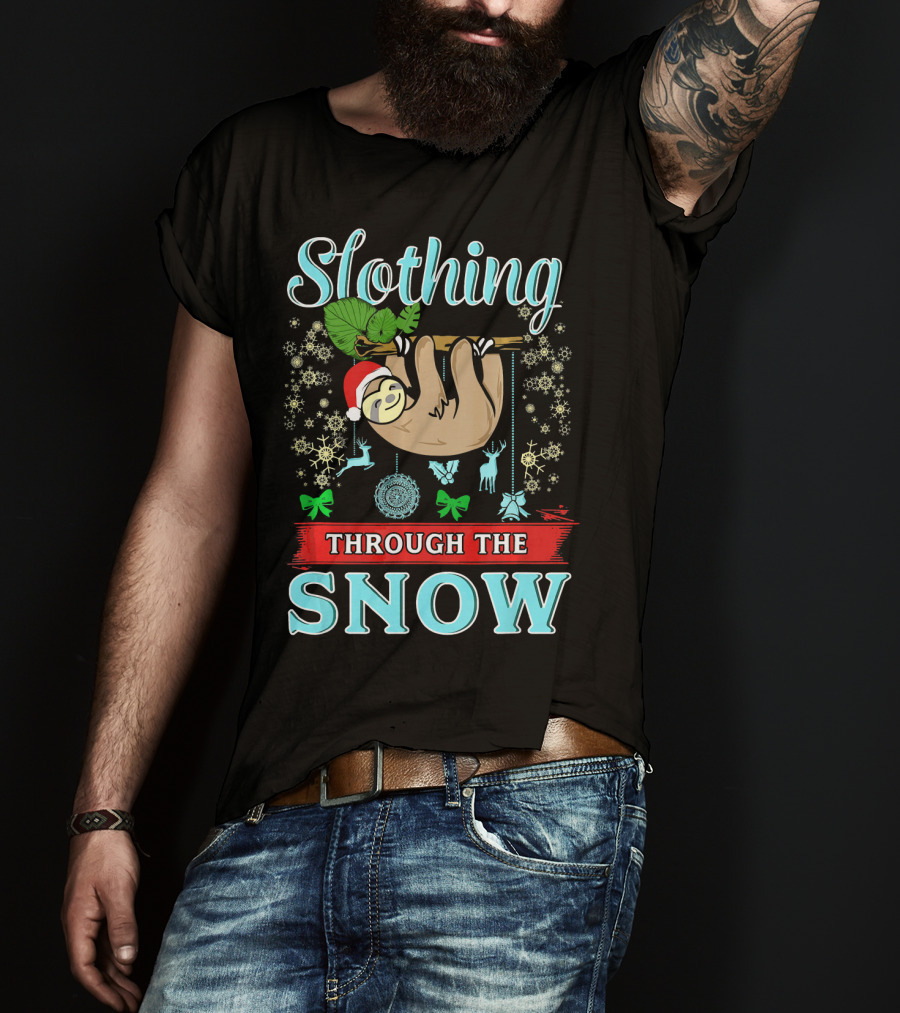 Slothing Through The Snow Cute Christmas Sloth With Santa Hat And Snowflakes T-Shirt