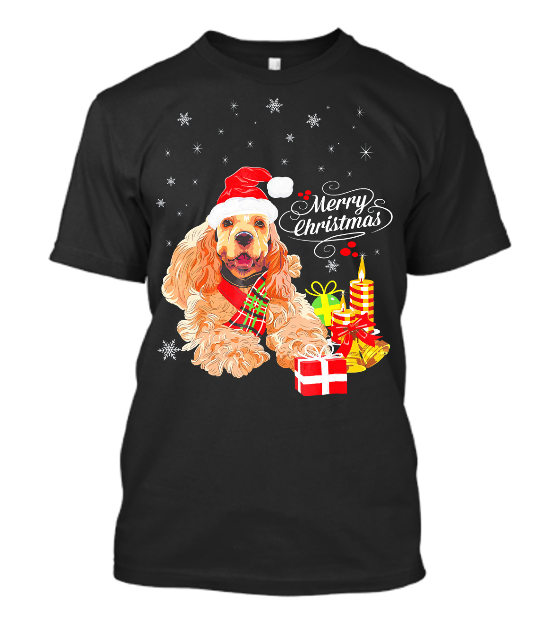Cocker Spaniel Merry Christmas Santa Hat Candles Gifts Snowflakes T-Shirt