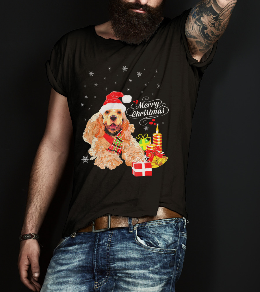 Cocker Spaniel Merry Christmas Santa Hat Candles Gifts Snowflakes T-Shirt