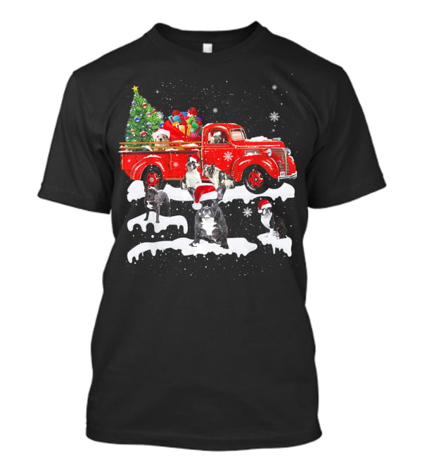 French Bulldog Christmas Red Truck With Santa Hats And Gifts T-Shirt