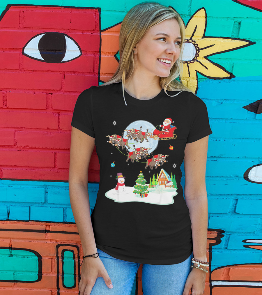 Santa Claus Buffalo Sleigh Snowman Christmas Scene T-Shirt