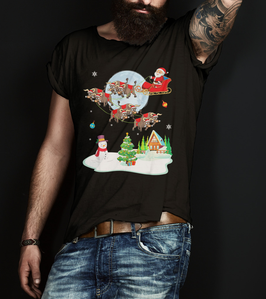 Santa Claus Buffalo Sleigh Snowman Christmas Scene T-Shirt