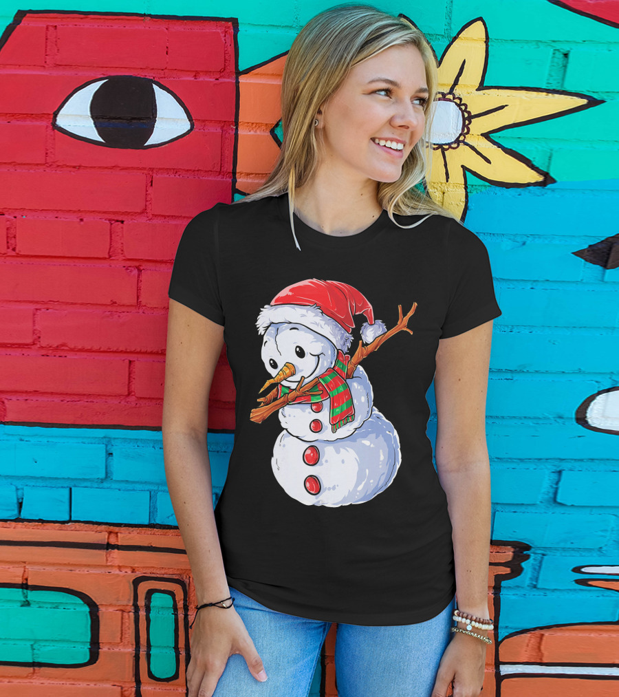 Festive Snowman With Santa Hat And Striped Scarf T-Shirt