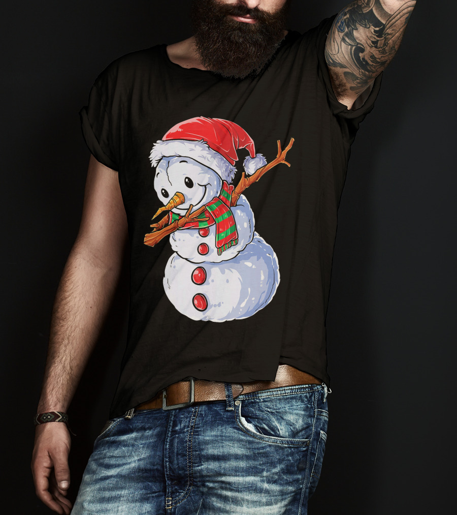 Festive Snowman With Santa Hat And Striped Scarf T-Shirt