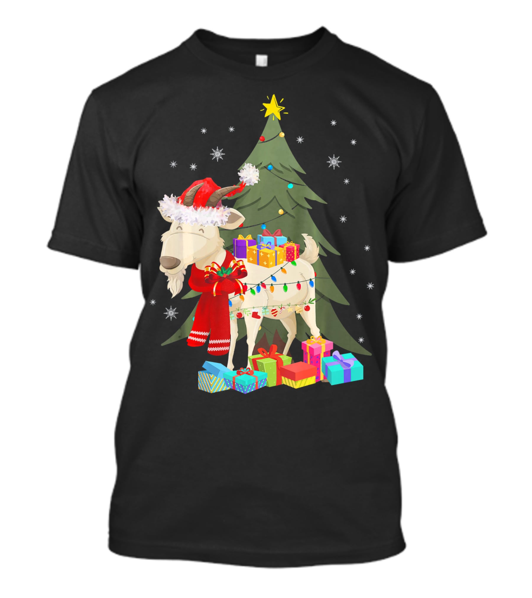 Goat Christmas Lights Funny Goat Santa Hat Presents Tree Snowflakes T-Shirt