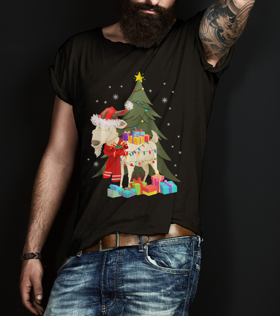 Goat Christmas Lights Funny Goat Santa Hat Presents Tree Snowflakes T-Shirt