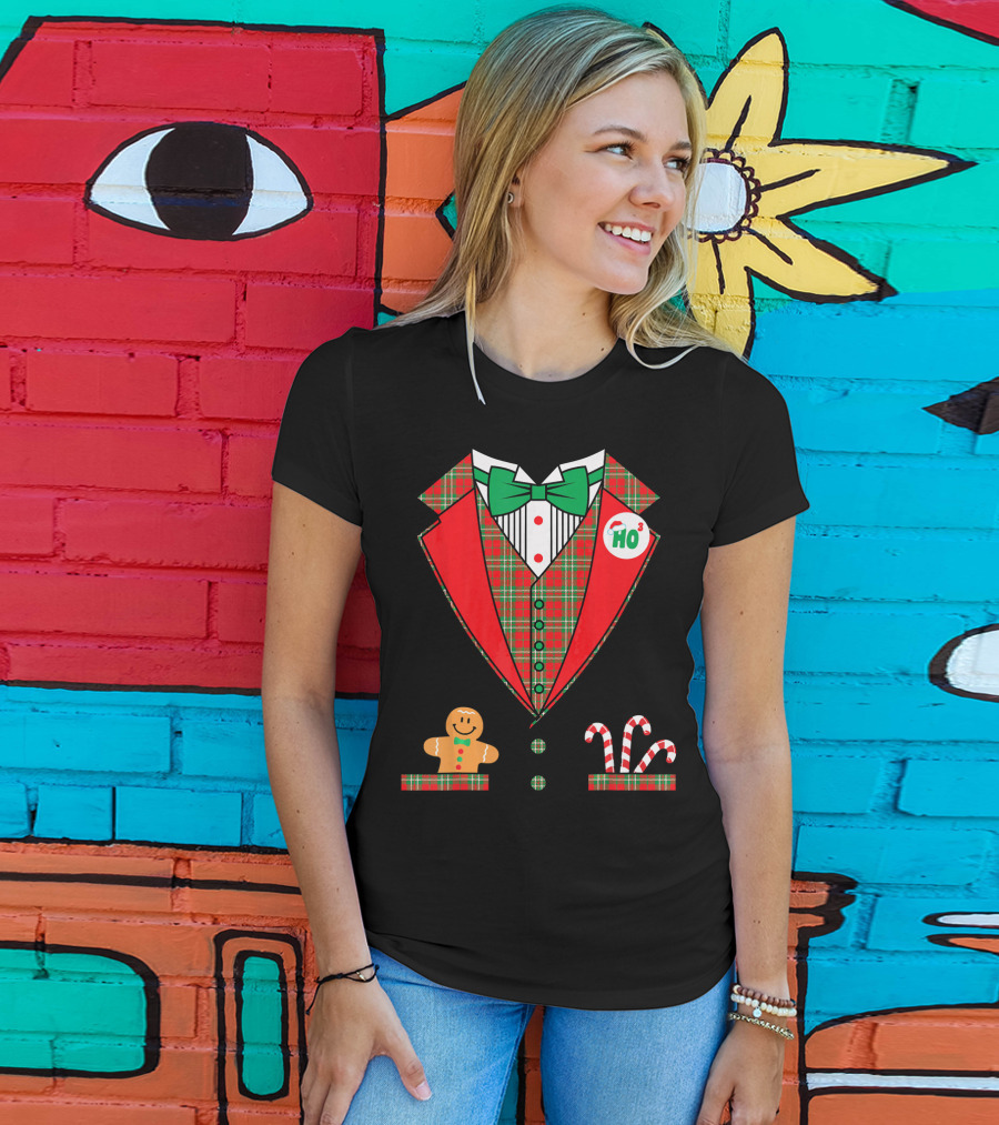 Funny Christmas Costume Tuxedo Ho Ho Ho Bow Tie Gingerbread Candy Cane T-Shirt