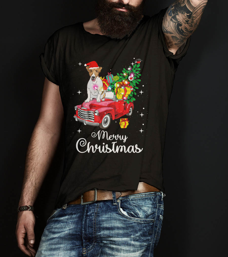 Merry Christmas Jack Russell Terrier Riding Red Truck With Gifts And Santa Hat T-Shirt