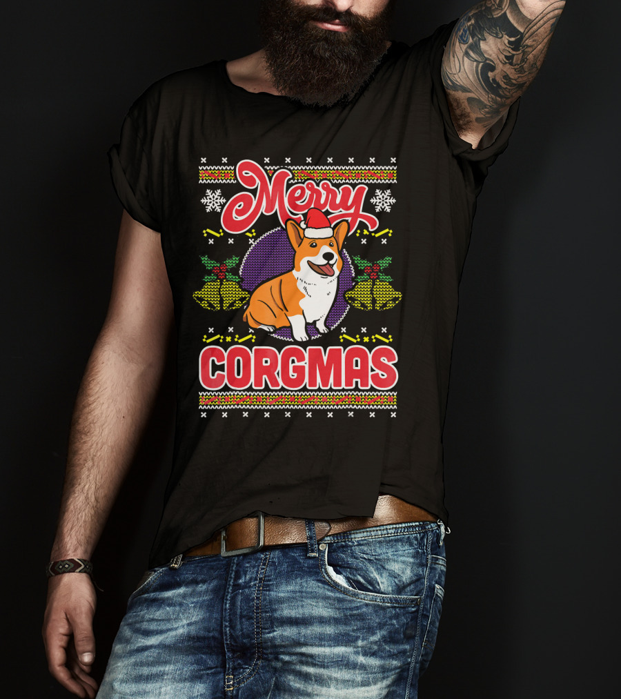 Merry Corgmas Ugly Christmas Corgi Dog Santa Hat Snowflakes Holiday T-Shirt