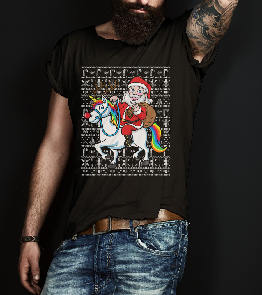 Santa Riding Reindeer-Antlered Rainbow Unicorn On Christmas T-Shirt