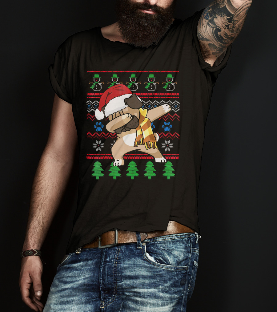 Pug Dabbing Santa Hat Christmas Snowman Tree Pattern UglyStyle T-Shirt