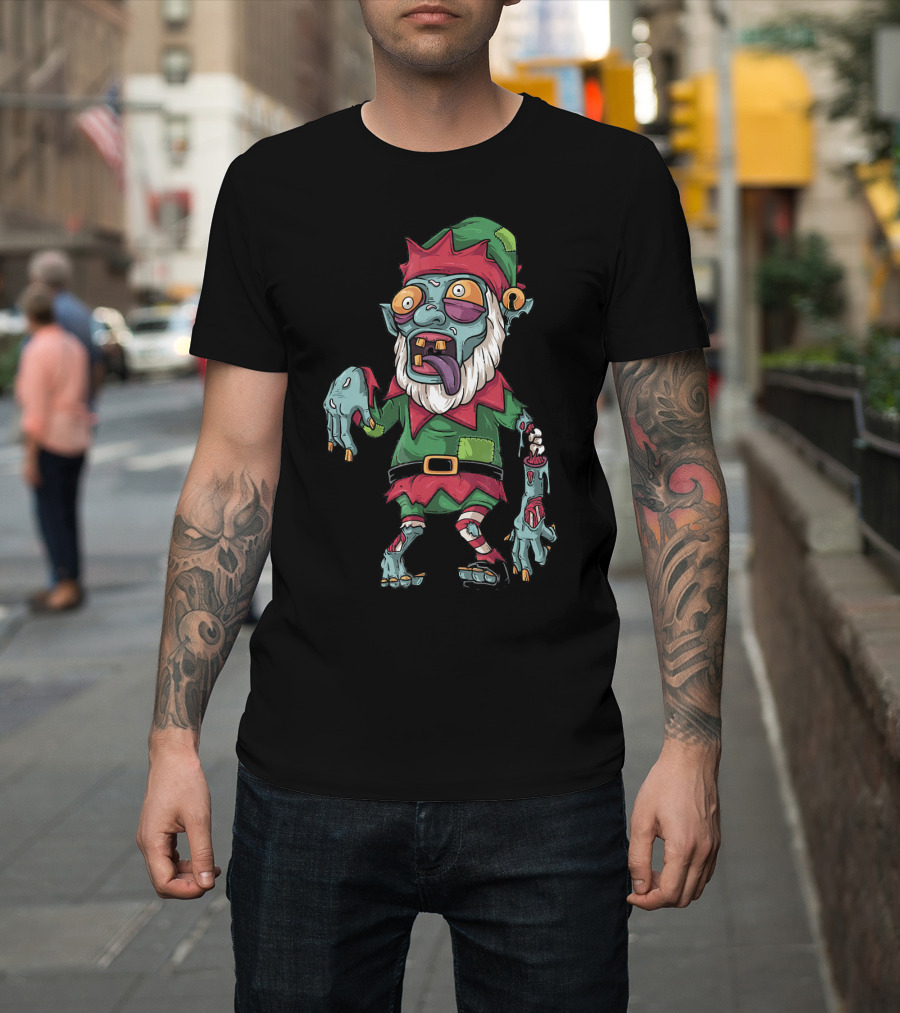 Zombie Christmas Elf Funny Cartoon Holiday T-Shirt