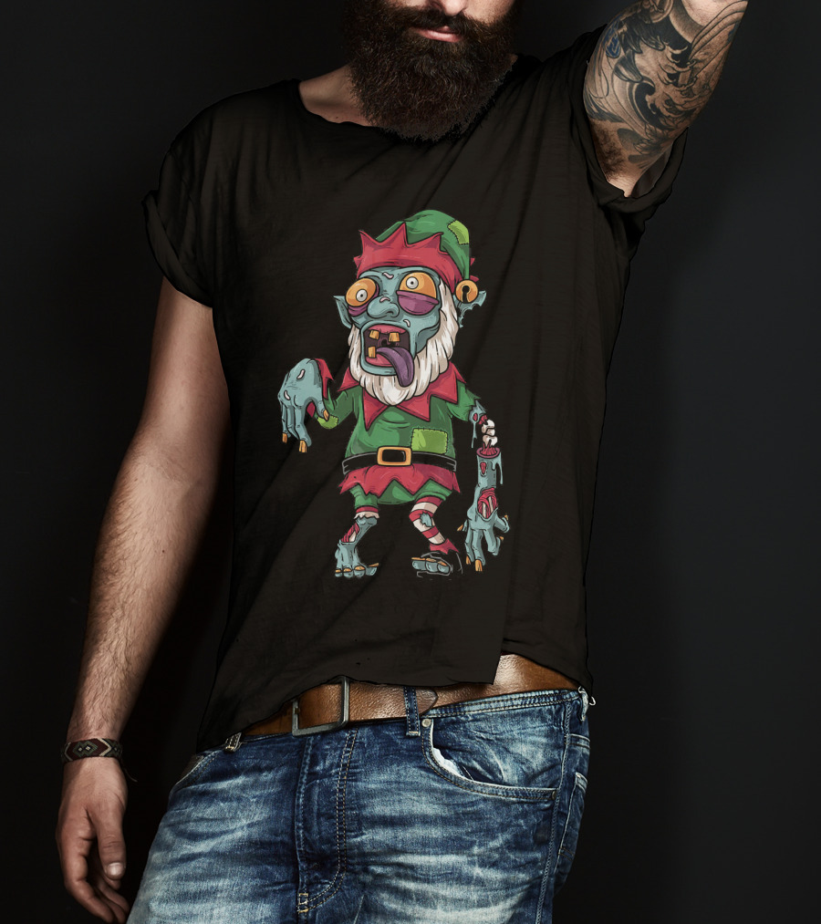 Zombie Christmas Elf Funny Cartoon Holiday T-Shirt