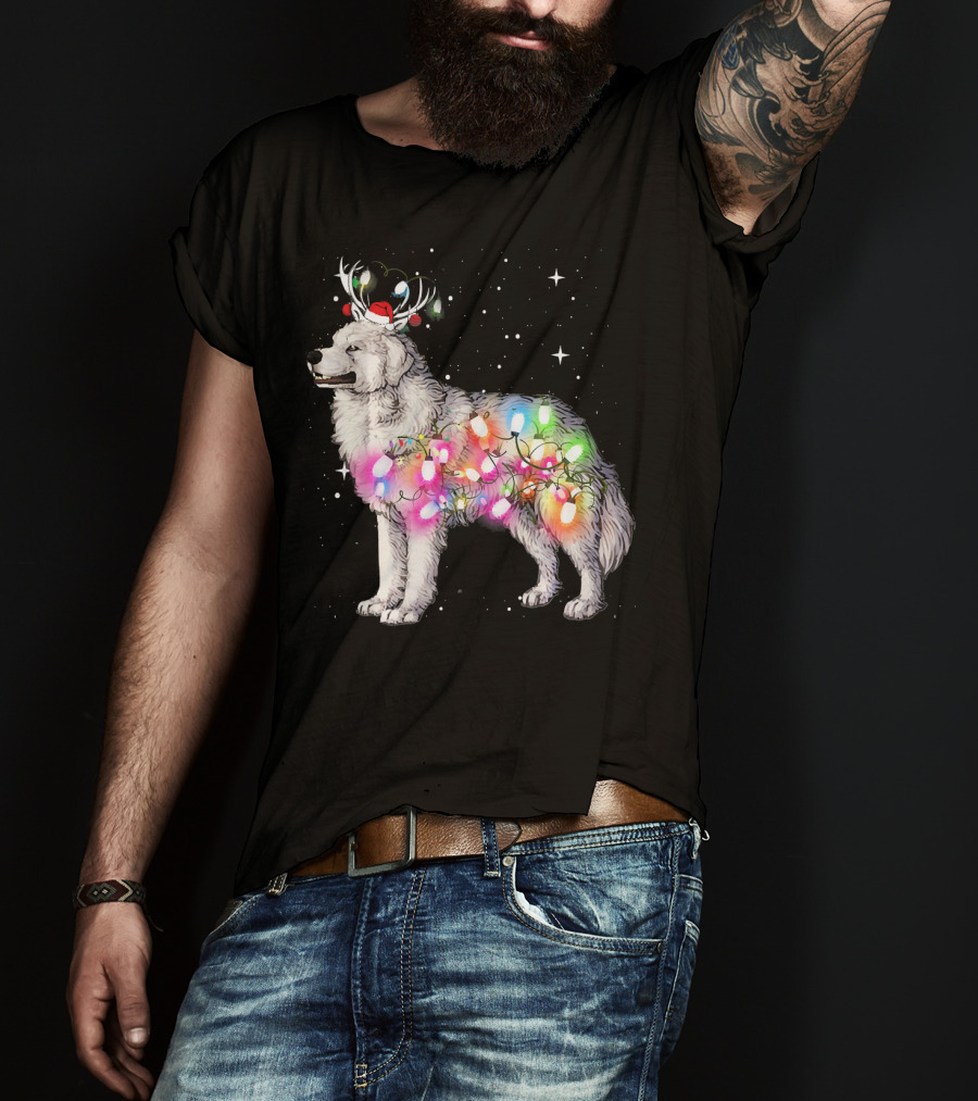Christmas Lights Great Pyrenees With Reindeer Antlers And Santa Hat T-Shirt