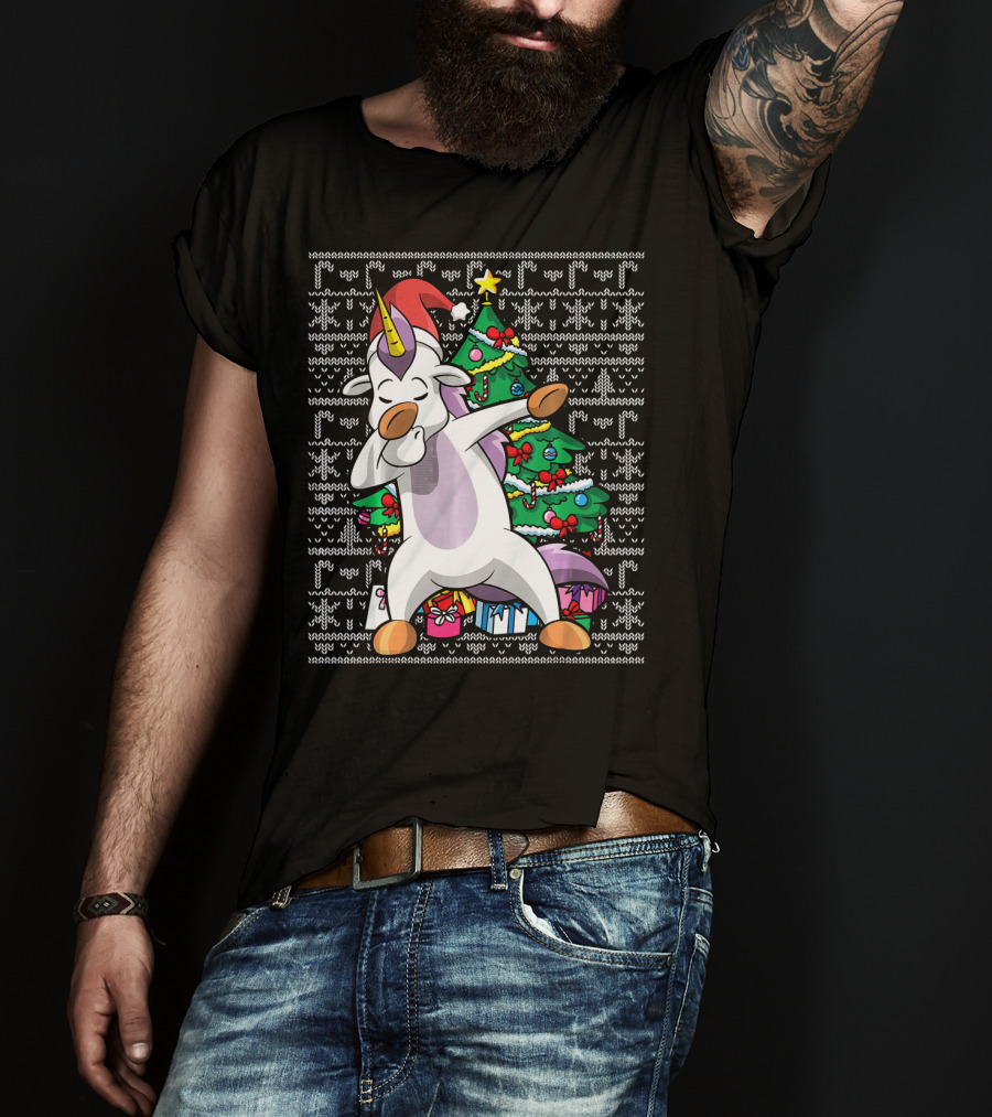 Unicorn Dabbing In Santa Hat By The Christmas Tree With Gifts T-Shirt