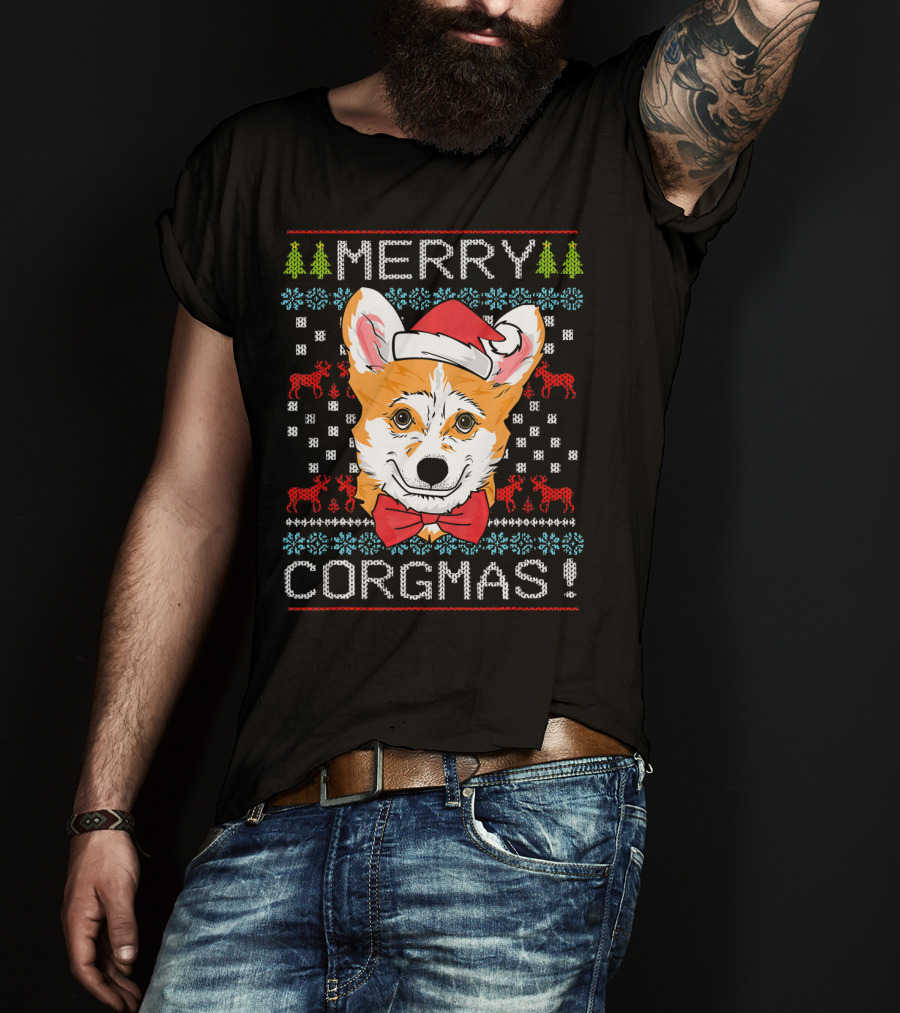 Merry Corgmas Christmas Corgi Santa Hat Festive Trees Bowtie Reindeer T-Shirt