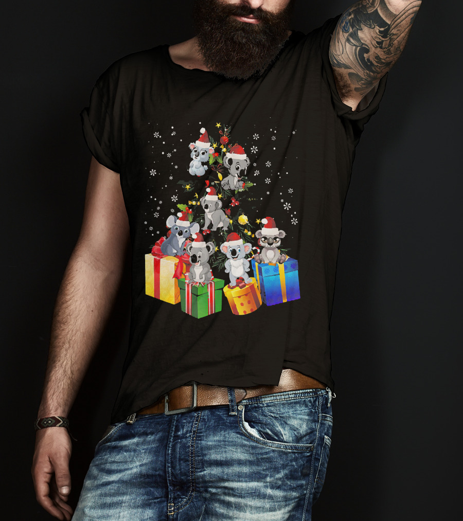 Christmas Koala With Santa Hats And Gifts On Snowy Pine Tree T-Shirt