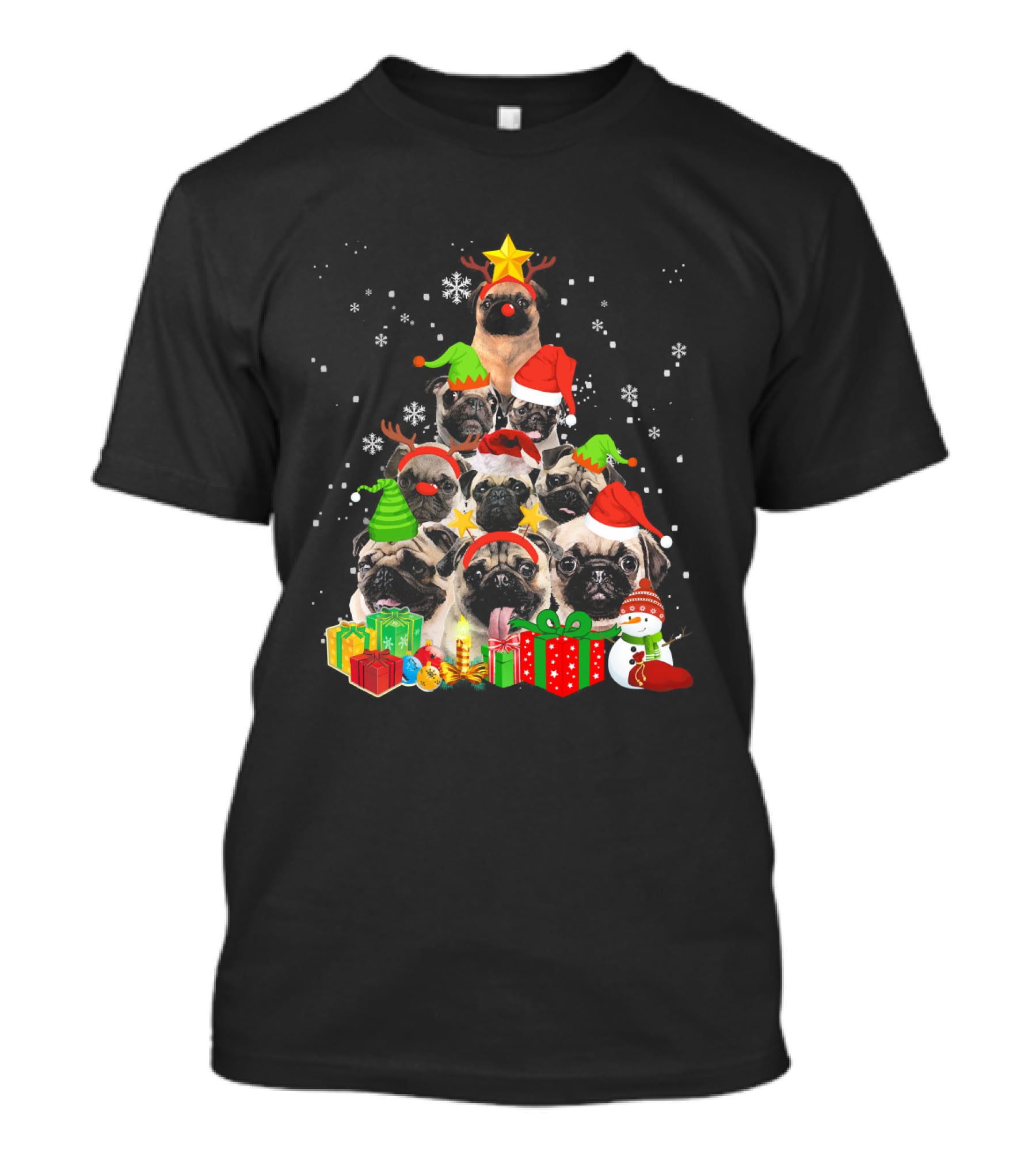 Funny Pug Christmas Tree Xmas With Santa Hats Snowflakes And Gifts T-Shirt