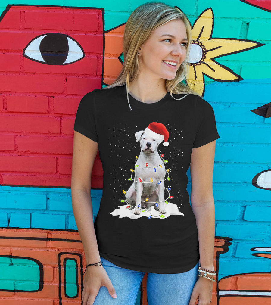Dogo Argentino Christmas Lights Santa Hat Snow Holiday T-Shirt