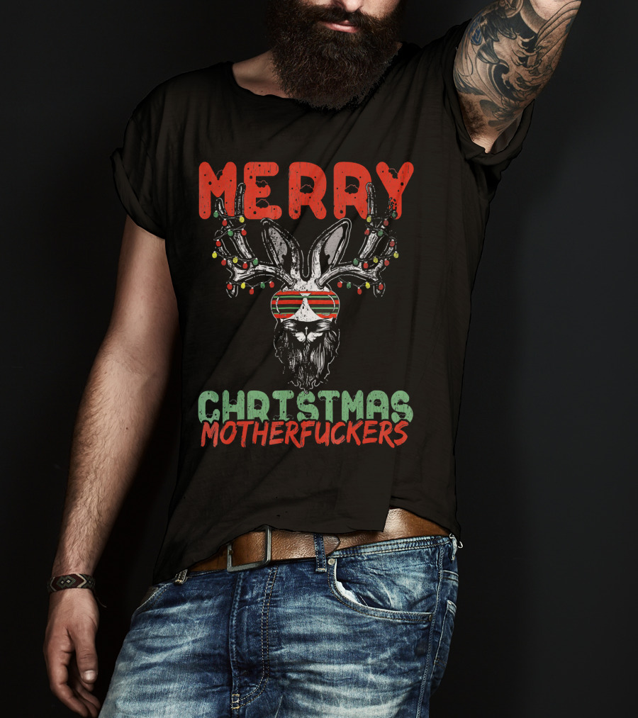 Merry Christmas Motherfuckers Reindeer Skull Holiday Lights T-Shirt