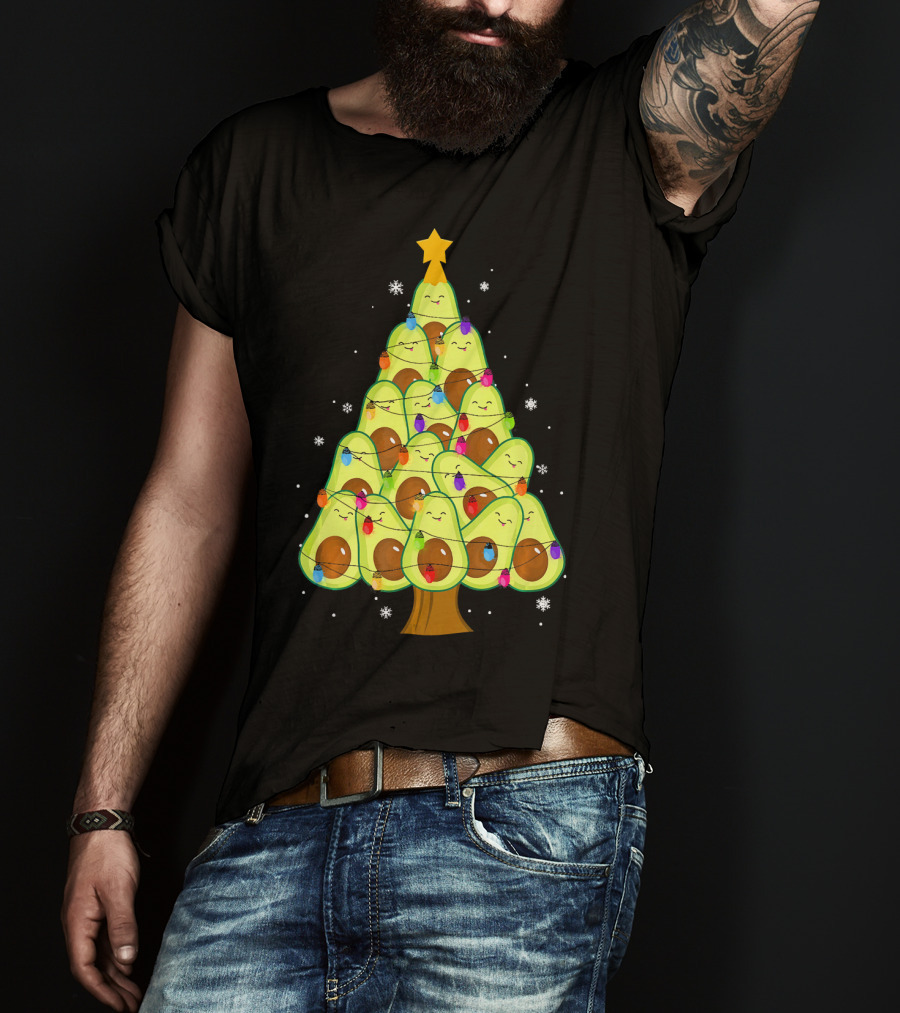 Avocado Christmas Tree With Colorful Lights Vegan Guac Green T-Shirt