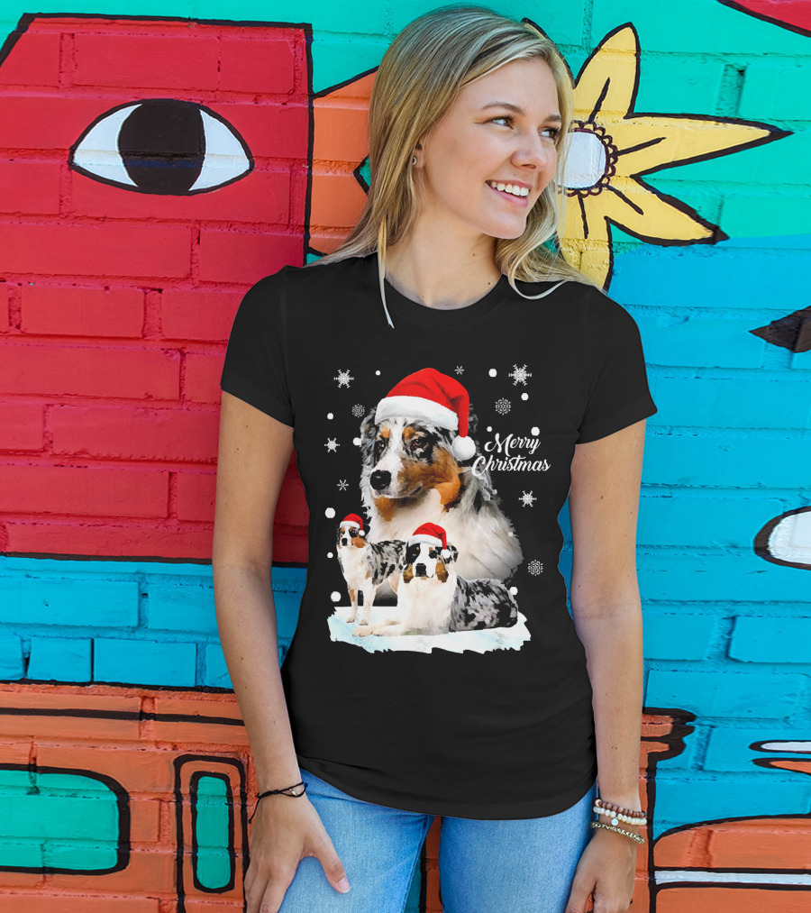 Australian Shepherds Merry Christmas Santa Hats Snowflakes T-Shirt