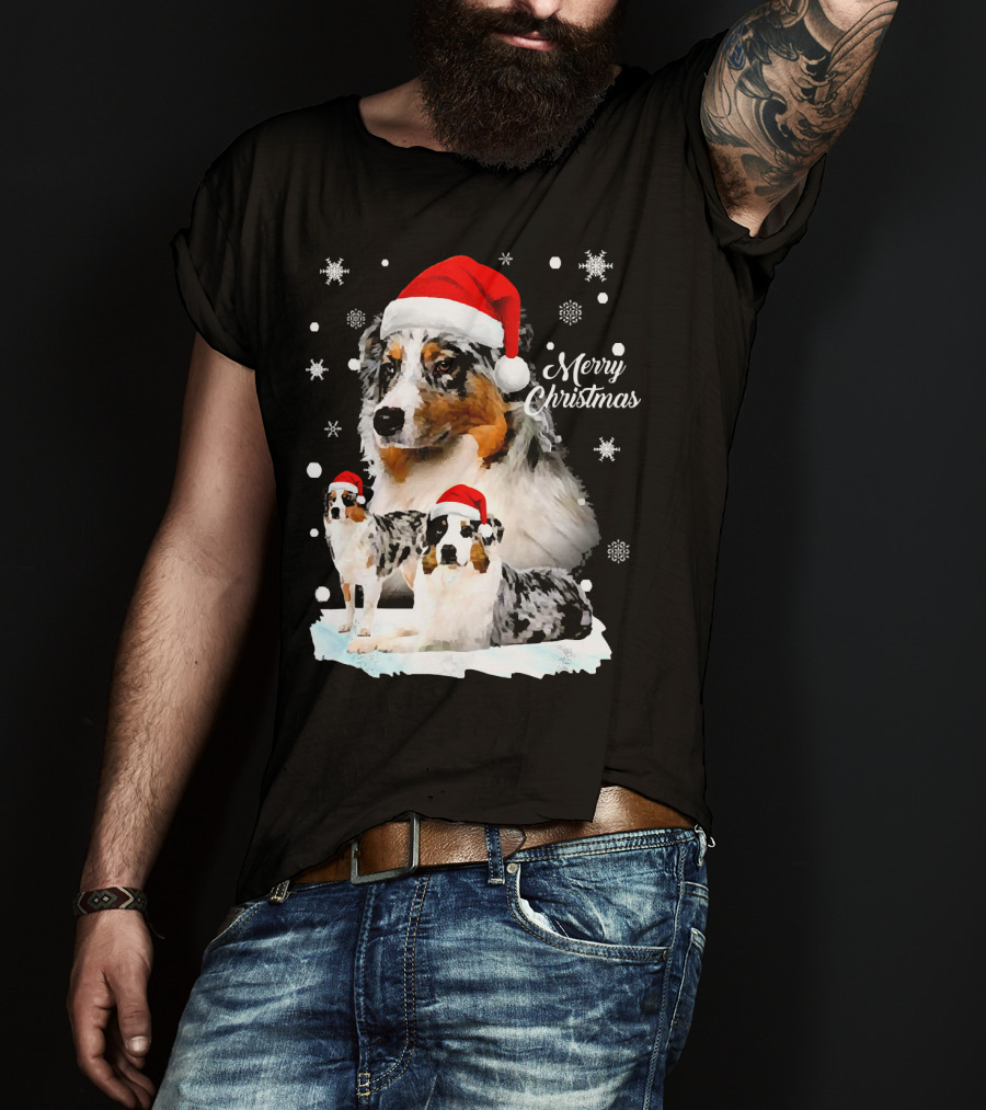 Australian Shepherds Merry Christmas Santa Hats Snowflakes T-Shirt