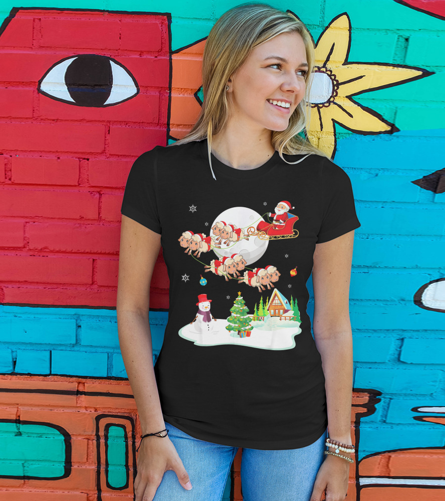 Santa Noel With Dancing Snowman And Sheep Sleigh By Moon T-Shirt