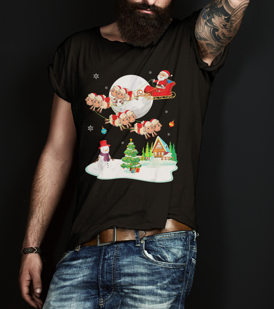 Santa Noel With Dancing Snowman And Sheep Sleigh By Moon T-Shirt