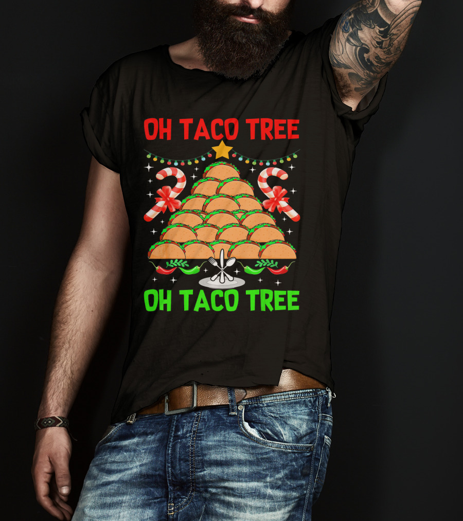 Oh Taco Tree Christmas Candy Cane Funny Party T-Shirt